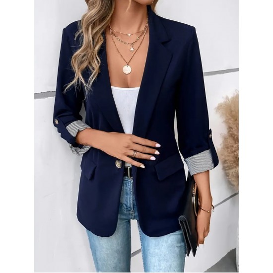 2025 New European & American Women's Blazer - Fashionable Casual Slim-Fit 3/4 Rolled Sleeve Suit Jacket (Black/Dark Gray)