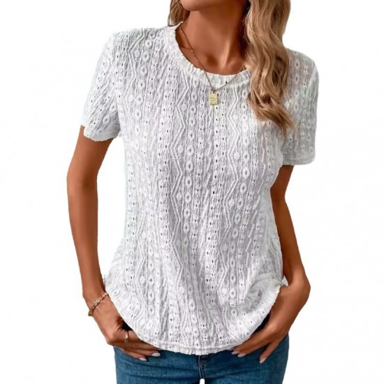 Independent Station European & American Summer New Solid Color Shirt - Short/Long-Sleeve Hollow-Out Casual Top, In-Stock