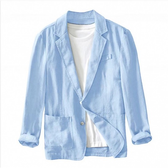 Men's Casual Blazer - Single-Layer Solid Color Cotton-Linen Fashionable Outerwear