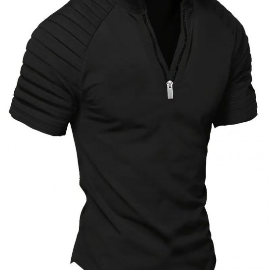 2025 European & American Men's INS Summer Casual Polo Shirt - Zip-Detail Pleated Sports Polo