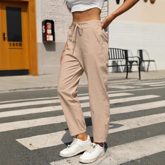 European & American Women's 2025 New eBay Casual Cotton-Linen Slim-Fit Drawstring Elastic Waist Pants