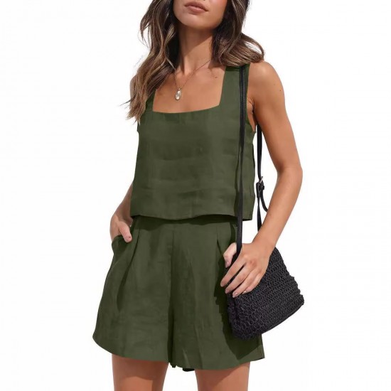 2025 New European & American Women's 2-Piece Casual Set - Linen Shorts & Sleeveless Tank Top