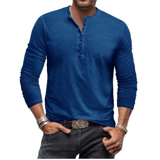 Men's Tie-Dye Henley Slim Retro Long-Sleeve T-Shirt - Button Washed Distressed V-Neck Tee