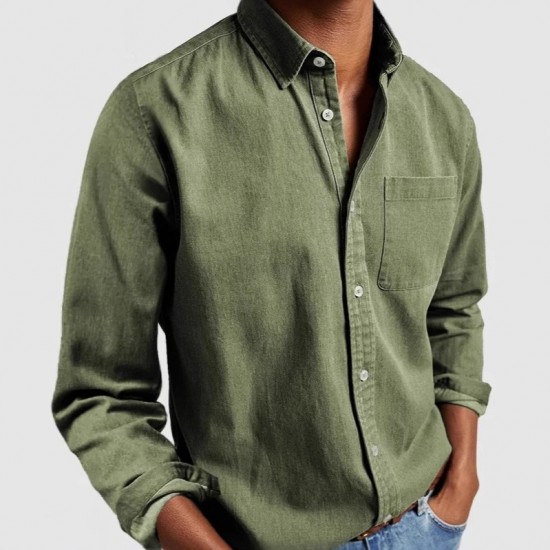 2025 European & American Independent Station Men's Denim Shirt - Long-Sleeve Casual Collared Button-Down
