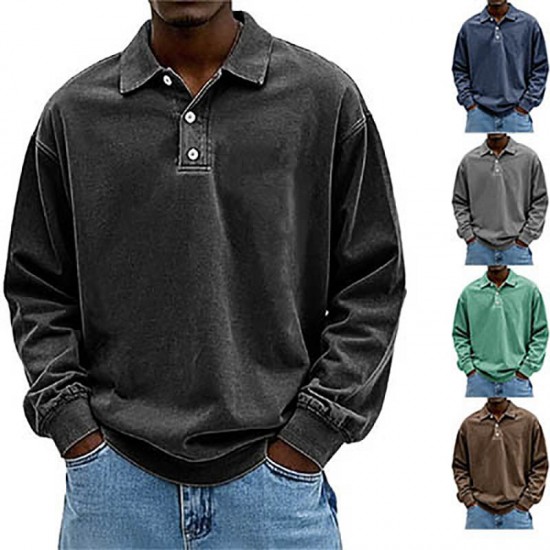 2025 New AliExpress Spring Summer Men's Long-Sleeve POLO Shirt - Solid Color Pullover Button T-Shirt