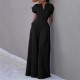 2025 New European & American Women's Jumpsuit - Elegant Fashion Solid Color Half-Placket High-Waist Wide-Leg Sleeveless