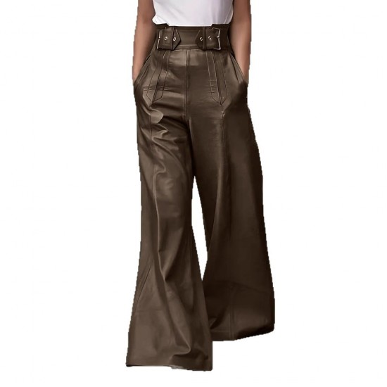 2025 New Fashion Women's Leather Pants - High-Waist Loose Pockets Waist-Tied PU Leather Flared Casual Pants