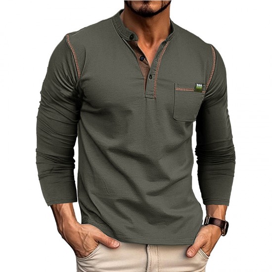 2025 Autumn Winter European & American Men's Long-Sleeve Tee - Henley Style Color-Block Top