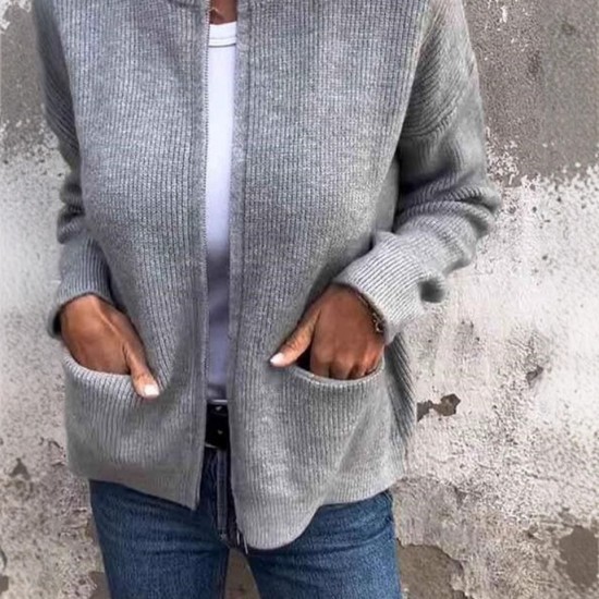 European & American Autumn Winter Independent Station Women's Jacket - Fashion Casual Stand-Collar Zipper Loose Pocket Coat