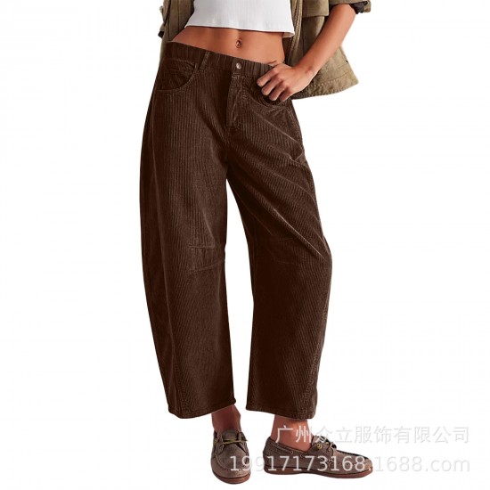 2025 New Autumn Women's High-Waisted Casual Pants - European & American Solid Color Corduroy Loose Straight-Leg Trousers