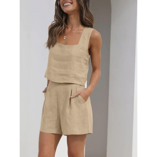 2025 New European & American Women's 2-Piece Casual Set - Linen Shorts & Sleeveless Tank Top