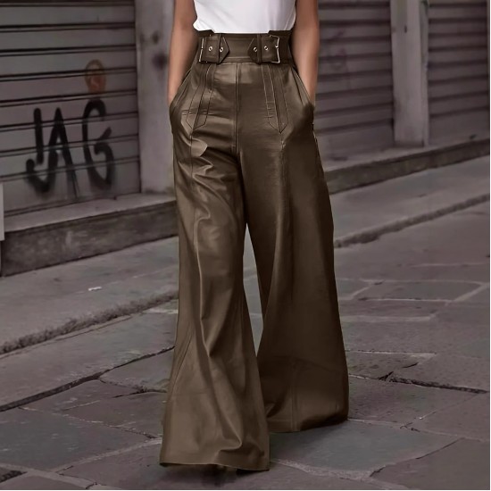 2025 New Fashion Leather Pants - High-Waisted Loose Pocket Drawstring PU Leather Flare Pants, Casual Long Trousers