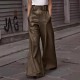 2025 New Fashion Leather Pants - High-Waisted Loose Pocket Drawstring PU Leather Flare Pants, Casual Long Trousers