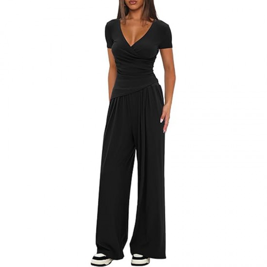 Solid Color 2-Piece Casual Set - Warp-Knit V-Neck Short-Sleeve Top & Wide-Leg Pants, Sporty Matching Outfit