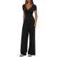 Solid Color 2-Piece Casual Set - Warp-Knit V-Neck Short-Sleeve Top & Wide-Leg Pants, Sporty Matching Outfit