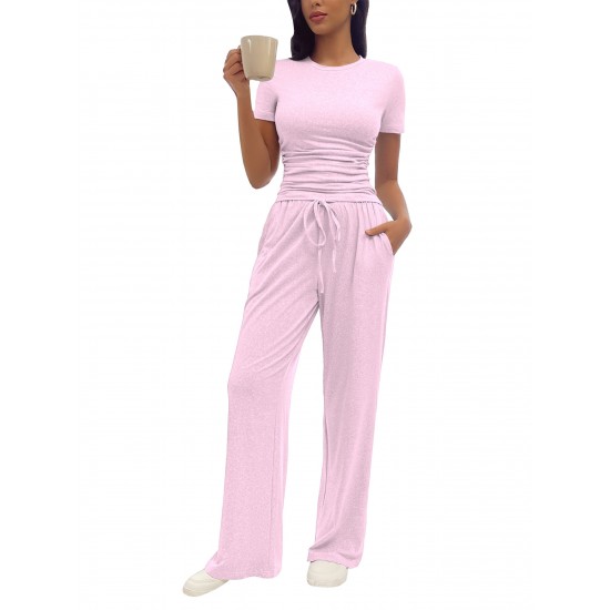 2025 European & American Fashion Casual Set - Kim Kardashian Inspired Ruched Short-Sleeve Top & Pants 2-Piece Outfit