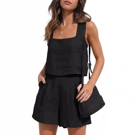 2025 New European & American Women's 2-Piece Casual Set - Linen Shorts & Sleeveless Tank Top