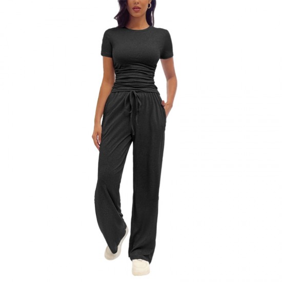 2025 European & American Fashion Casual Set - Kim Kardashian Inspired Ruched Short-Sleeve Top & Pants 2-Piece Outfit