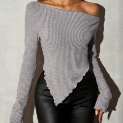 2025 New Autumn Women's Off-the-Shoulder Slim-Fit Pullover T-Shirt - Asymmetrical Collar & Irregular Hem Long-Sleeve