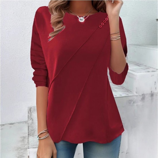 2025 New Women's Crew Neck Button-Detail Irregular Base Layer - Slim-Fit Long-Sleeve Top, Stylish & Versatile