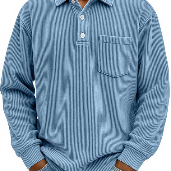 2025 New European & American Autumn Men's Corduroy Henley Shirt - Solid Color Casual Long-Sleeve Button-Up for Youth