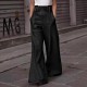 2025 New Fashion Leather Pants - High-Waisted Loose Pocket Drawstring PU Leather Flare Pants, Casual Long Trousers