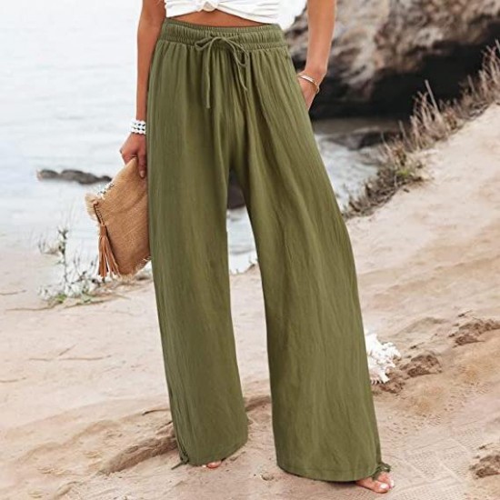 2025 Summer TEMU European & American Women's New Pants - Cotton-Linen Wide-Leg Drawstring Beach/Casual Trousers