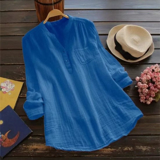 2025 Hot-Selling Plus Size Slub Cotton Long-Sleeve Shirt - Women's European & American Loose Multi-Color Top