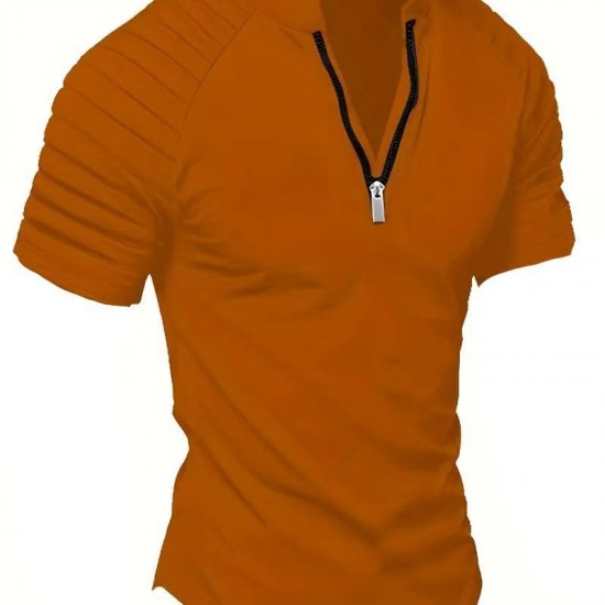 2025 European & American Men's INS Summer Casual Polo Shirt - Zip-Detail Pleated Sports Polo