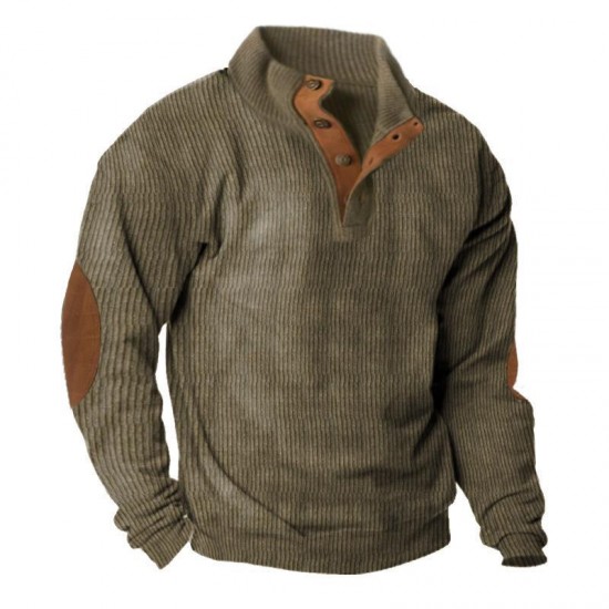 European & American Men's Independent Station Sweatshirt - Corduroy Pullover Henley Shirt, Casual Long-Sleeve Tee