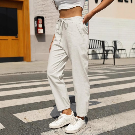 European & American Women's 2025 New eBay Casual Cotton-Linen Slim-Fit Drawstring Elastic Waist Pants