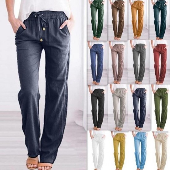 Spring & Summer European & American Women's Pants - eBay/Independent Station Solid Color Cotton-Linen Drawstring Loose Wide-Leg Trousers
