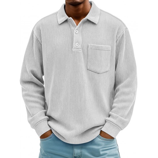 2025 New European & American Autumn Men's Corduroy Henley Shirt - Solid Color Casual Long-Sleeve Button-Up for Youth