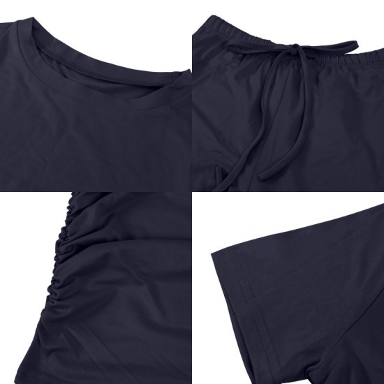 2025 European & American Fashion Casual Set - Kim Kardashian Inspired Ruched Short-Sleeve Top & Pants 2-Piece Outfit