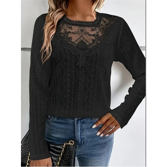 AliExpress Summer New Elegant Solid Color Lace Panel Hollow-Out Long-Sleeve Tee - Black