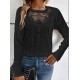 AliExpress Summer New Elegant Solid Color Lace Panel Hollow-Out Long-Sleeve Tee - Black