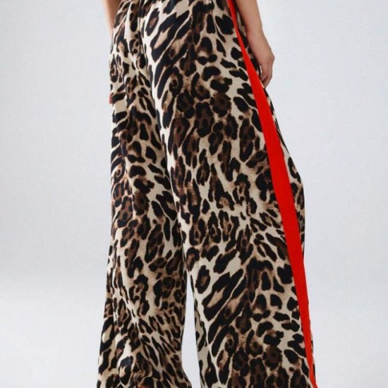 2025 European & American Casual Women's Pants - Influencer Inspired Leopard Print Paneled Wide-Leg Trousers