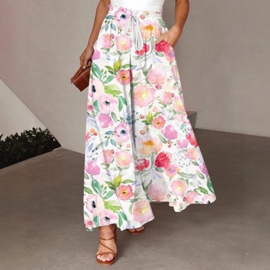 2025 Summer New European & American Women's Casual Printed Midi Skirt