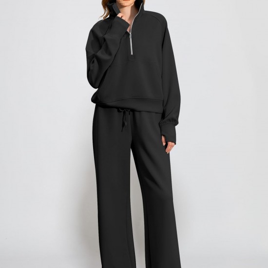 European & American Women's 2-Piece Tracksuit - Zipper Sweatshirt & Wide-Leg Sweatpants, Casual Outfit