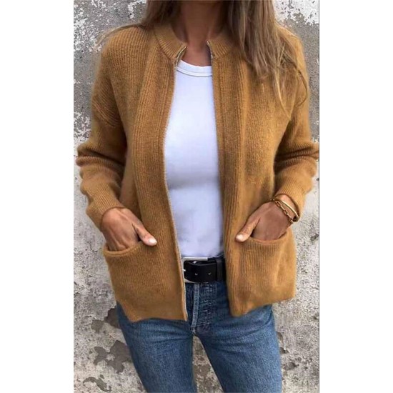 European & American Autumn Winter Independent Station Women's Jacket - Fashion Casual Stand-Collar Zipper Loose Pocket Coat