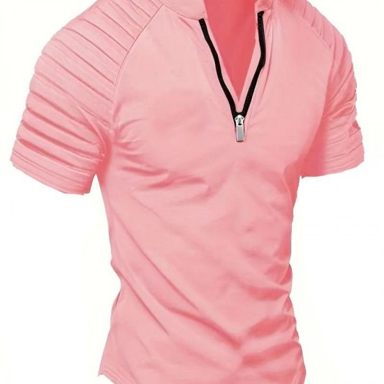2025 European & American Men's INS Summer Casual Polo Shirt - Zip-Detail Pleated Sports Polo