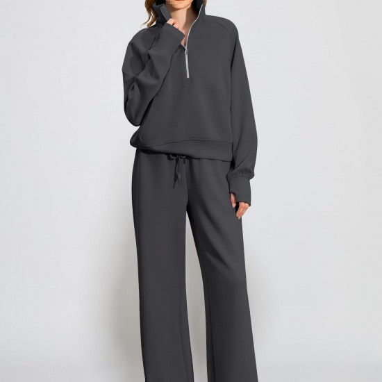 European & American Women's 2-Piece Tracksuit - Zipper Sweatshirt & Wide-Leg Sweatpants, Casual Outfit