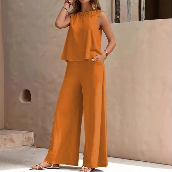 2025 European & American Solid Color Elegant 2-Piece Set - Crew Neck Tank Top & Wide-Leg Pants for Women
