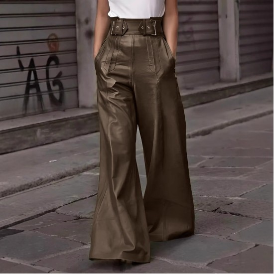 2025 New Fashion Women's Leather Pants - High-Waist Loose Pockets Waist-Tied PU Leather Flared Casual Pants