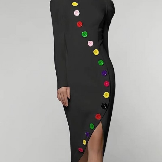 2025 Women's Button-Detail Irregular Slim-Fit Long-Sleeve Dress - High-Slit Elegant Maxi Dress (White)