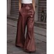 2025 New Fashion Leather Pants - High-Waisted Loose Pocket Drawstring PU Leather Flare Pants, Casual Long Trousers