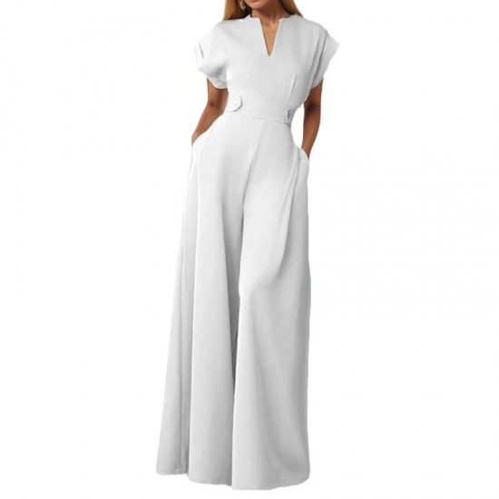 2025 New European & American Women's Jumpsuit - Elegant Fashion Solid Color Half-Placket High-Waist Wide-Leg Sleeveless