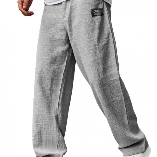 Men's Casual Cotton-Linen Pants - Embroidered Logo, Drawstring Elastic Waist with Pockets, Gray & White