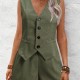2025 New Women's Elegant Office Two-Piece Set - V-Neck Button-Accent Vest & Shorts