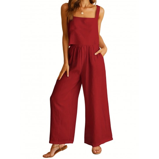 2025 New European & American Women's 2-Piece Set - Square Neck Sleeveless Camisole & Wide-Leg Pants Casual Outfit